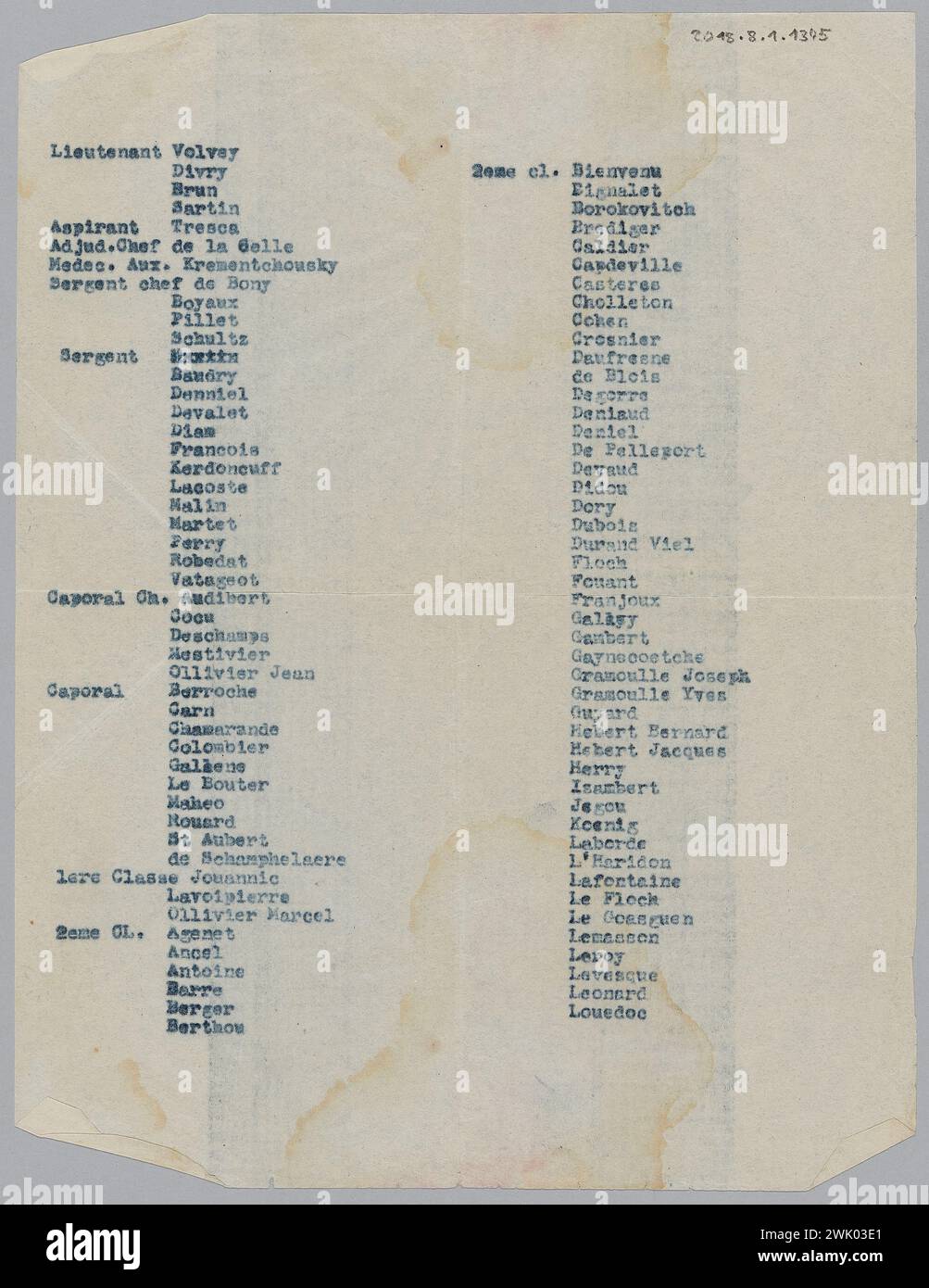Volvey, Jean, captain (n.1910-06-15-D.1994-05-25), dactylographed List of the workforce-soldiers and officers-from the 1st Autonomous Cattle Company (FFL-East Brigade) ( Attributed title), 1940. Dactylographed paper, ink. Museum of the Liberation of Paris - General Leclerc Museum - Jean Moulin Museum. Stock Photo