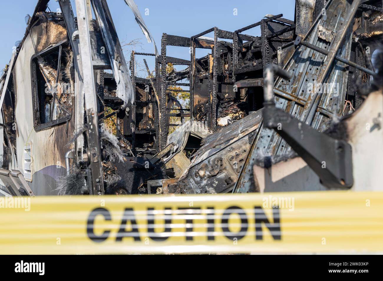 Burned out RV motorhome interior after a fire or explosion or fire bomb ...