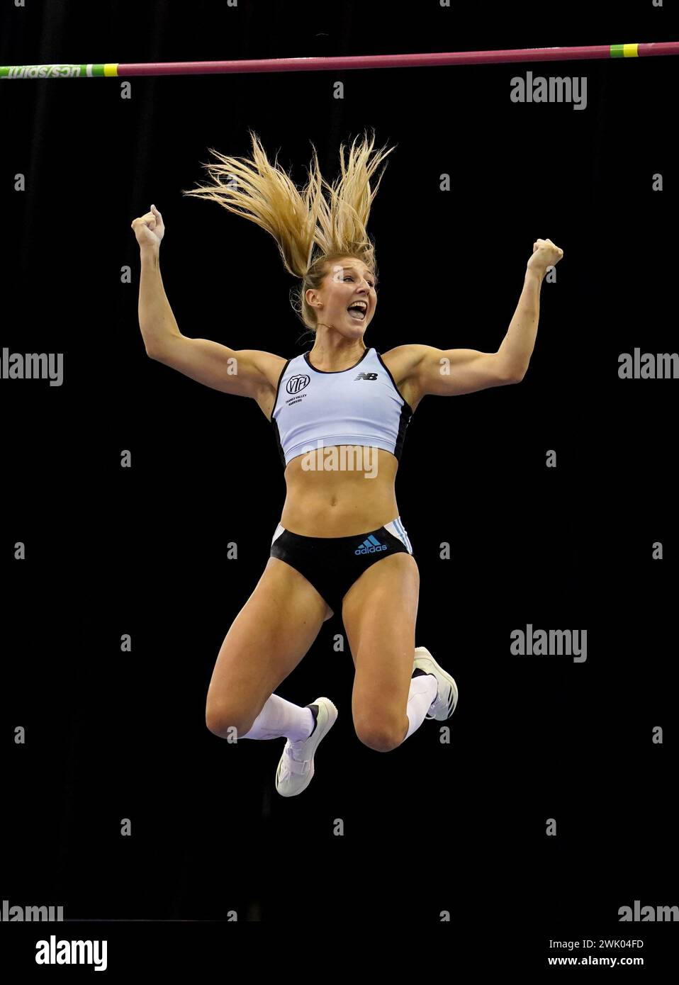 Molly Caudery celebrates after winning the Pole Vault Women Final