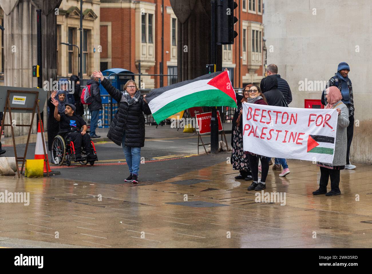 Leeds, UK. 17 FEB, 2024. Members of Beeston for Palestine arrive to join the main palestine demonstration in City square . Credit Milo Chandler/Alamy Live News Stock Photo