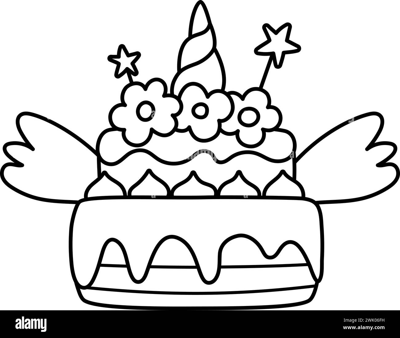 Vector black and white rainbow colored cake with unicorn horn, stars and wings. Fairytale themed birthday dessert. Cute magic candy bar design. Sweet Stock Vector