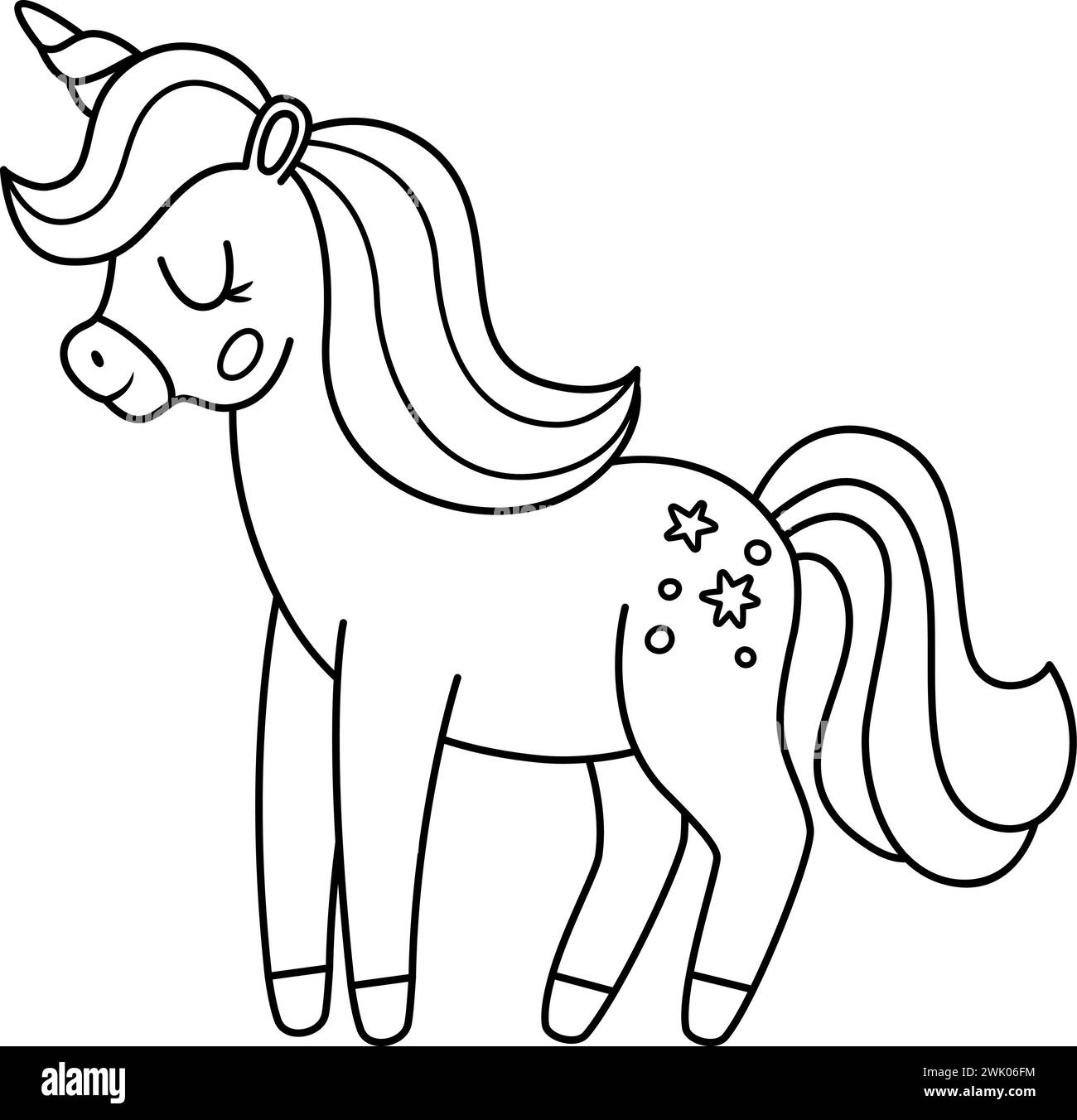 Vector black and white unicorn with horn and mane. Fantasy animal. Fairytale line horse character for kids. Cartoon magic creature icon or coloring pa Stock Vector