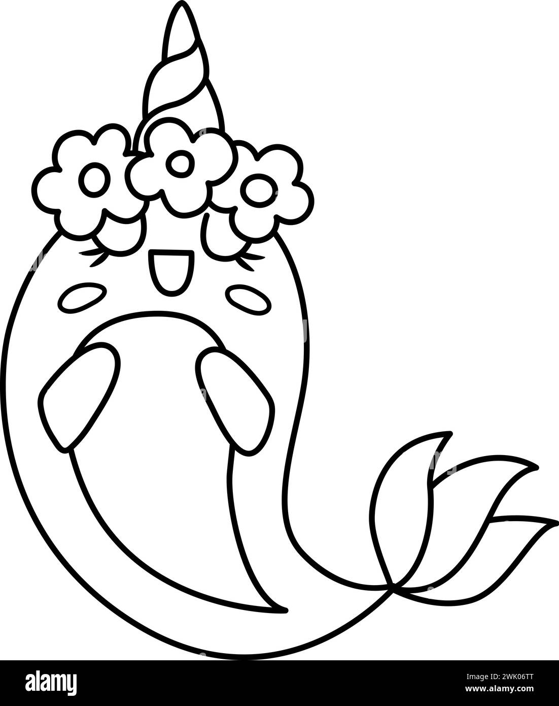 Vector black and white happy narval unicorn. Fantasy line water animal with rainbow horn, tail, flowers on head, wings, stars. Fairytale character for Stock Vector