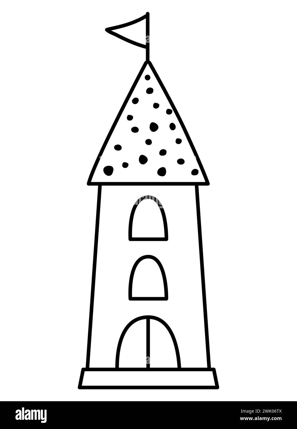 Vector black and white cartoon tower. Fantasy world castle part line icon with flag. Fairy tale princess house outline illustration or coloring page i Stock Vector