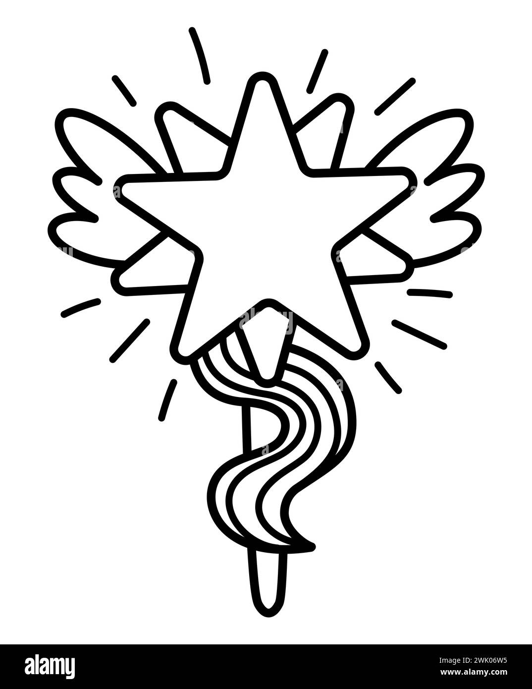 Vector black and white unicorn or fairy magic wand with stars, wings ...