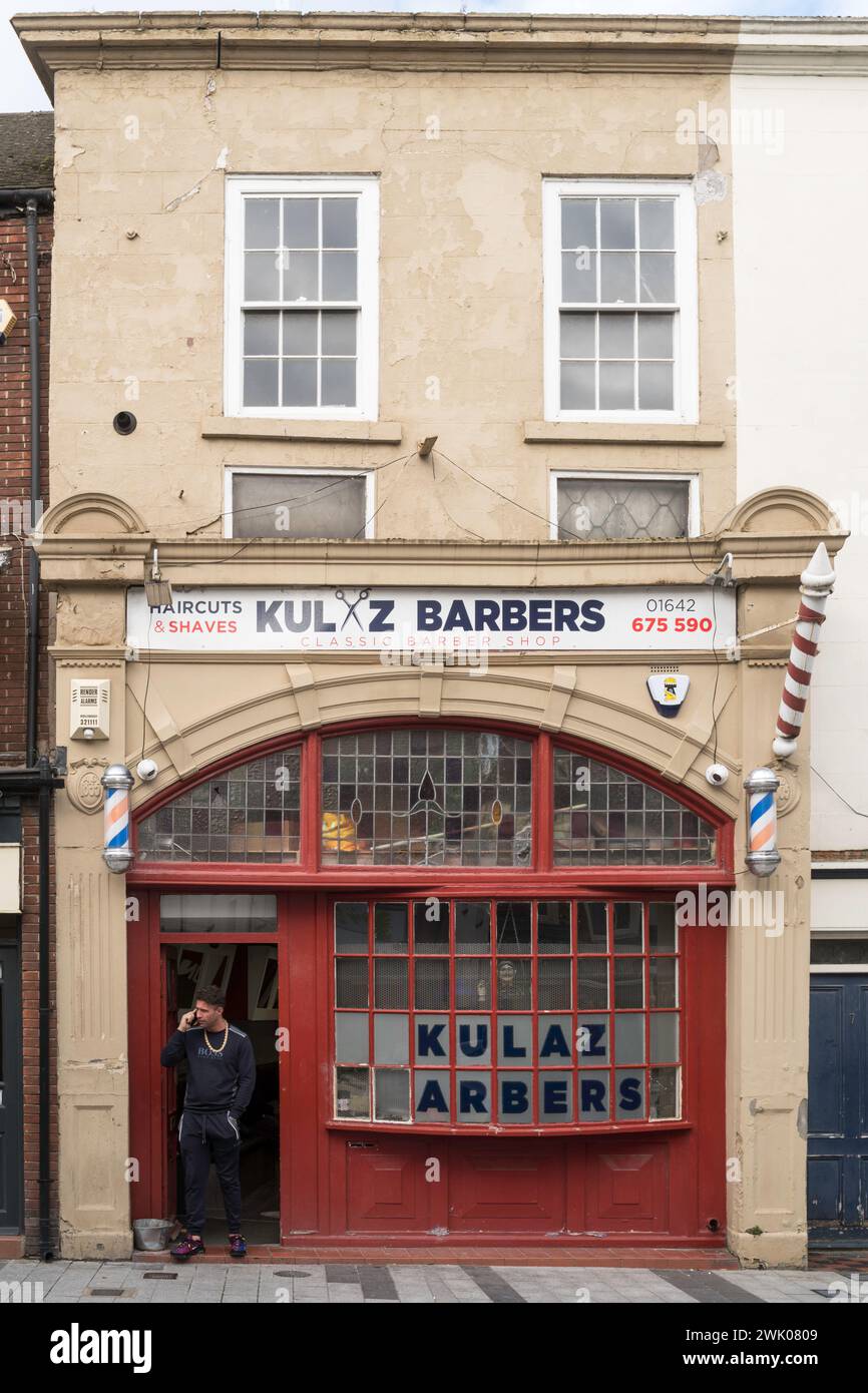 Kulaz Barber's shop in a listed 1830s building at 6 Silver Street, Stockton on Tees, England, UK Stock Photo