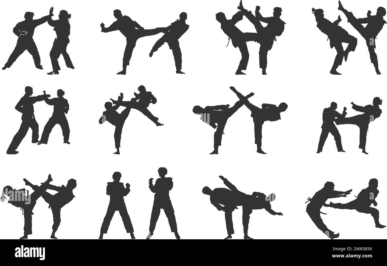 Taekwondo silhouette, Martial arts silhouettes, Taekwondo clipart, Taekwondo bundle set Stock Vector