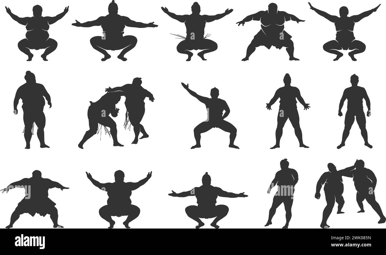 Sumo wrestler silhouette, Sumo wrestling silhouettes, Sumo silhouette, Sumo athlete silhouette, Sumo wrestler icon set Stock Vector