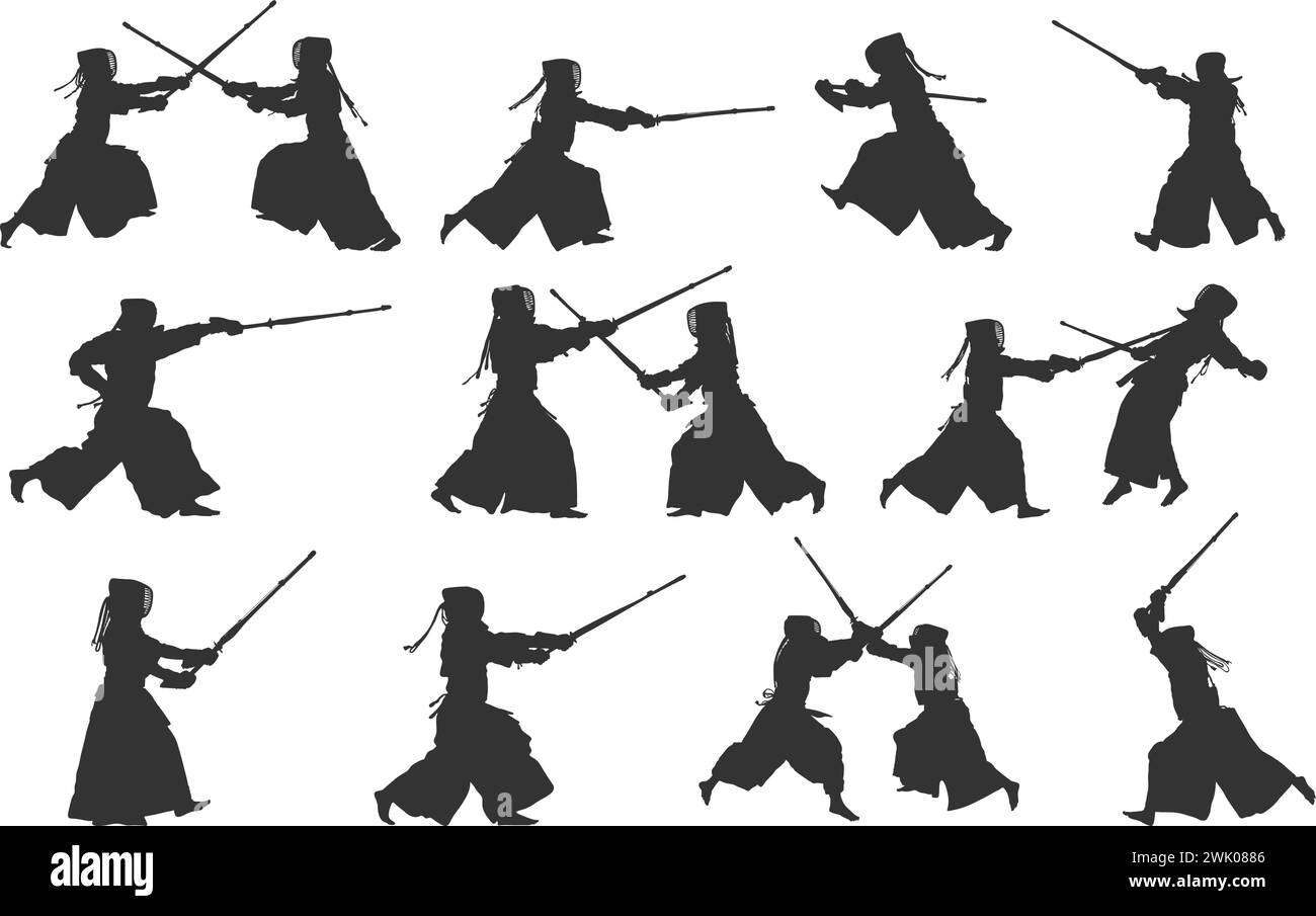 Kendo silhouettes, Kendo martial arts silhouette, Kendo, Kendo vector illustration Stock Vector