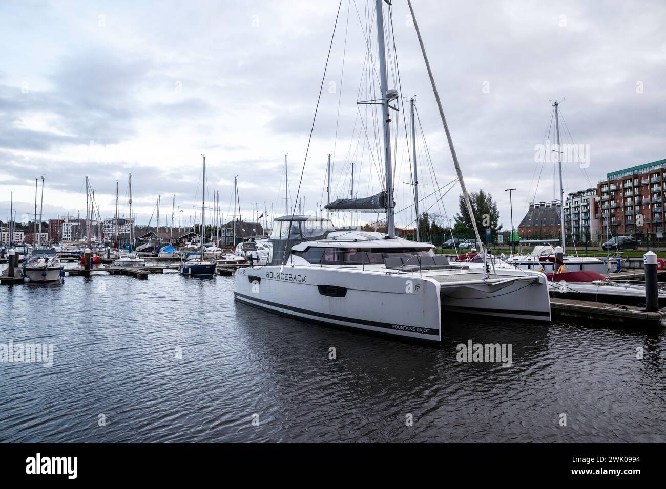 Ipswich, Suffolk, 17th February 2024, With the recent warmer weather it was 12C in Ipswich Marina, Suffolk, the forecast is for rain for the next few days. Typically its an average of only 7C at this time of the year. Credit: Keith Larby/Alamy Live News Stock Photo