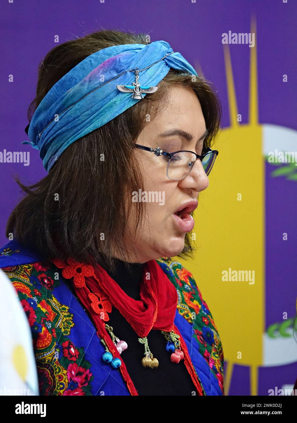 TJA Spokesperson Nurcan Deli is seen reading the declaration of the Free Women's Movement. The Kurdish 'Free Women's Movement' (Tevgera Jinen Azad) announced its declaration regarding the municipal March elections to be held across Turkey. 'We will continue to show that the philosophy of ''women, life, freedom' is the only salvation of all humanity and nature, especially women,' the statement was issued in Diyarbakir. The Free Women's Movement (TJA) is supporting the candidates of the Peoples' Equality and Democracy Party (DEM Party) in the municipal elections. (Photo by Mehmet Masum Suer/S Stock Photo