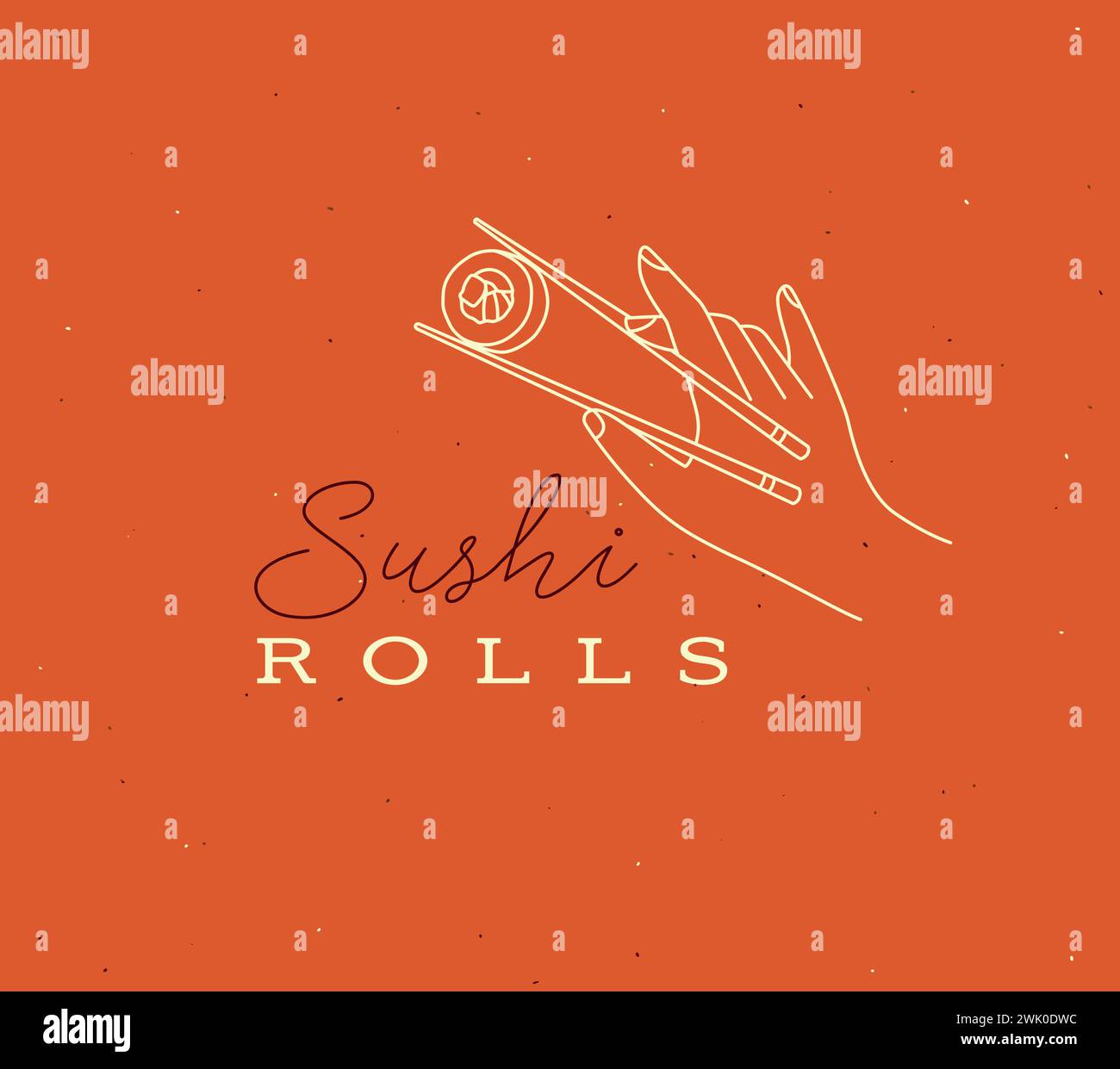 Hand holding chopsticks with sushi lettering drawing in linear style on ...