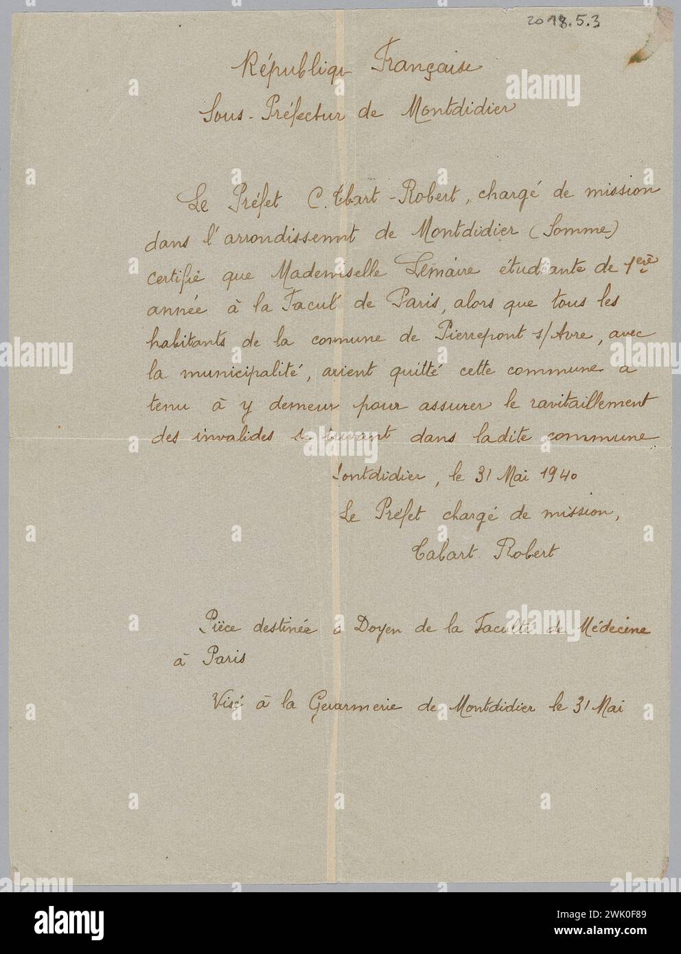 Sainte-Marie Tabart, Gaston, prefect (known as Tabart-Robert) (n.1881-05-21-D.1949-01-29), copy of a prefect certificate attesting that Miss Lemaire assured the supplies of the invalids of Pierrepont-sur-Avre in May 1940 (attributed title), 1940-05-31. Paper, ink. Museum of the Liberation of Paris - General Leclerc Museum - Jean Moulin Museum. Stock Photo
