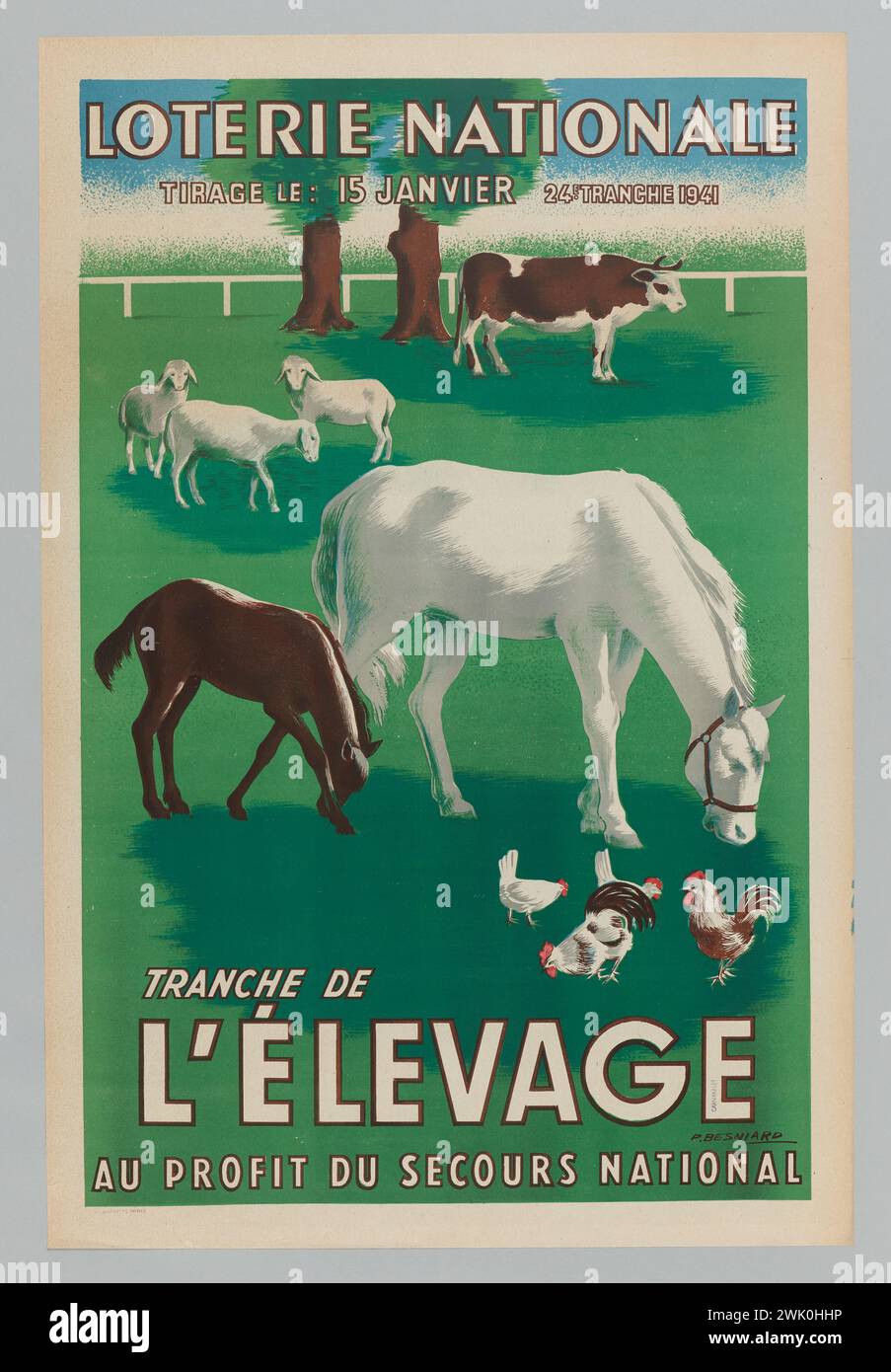 Besniard, P. (N.1890-11-14-D.1977), National Lottery/ Draw on: January 15, 24th tranche 1941/ TRANCHE DE/ L'Elvery/ for the benefit of the National Secours (Registered title (Letter),), 1941. Color lithography. Carnavalet museum, history of Paris. Stock Photo