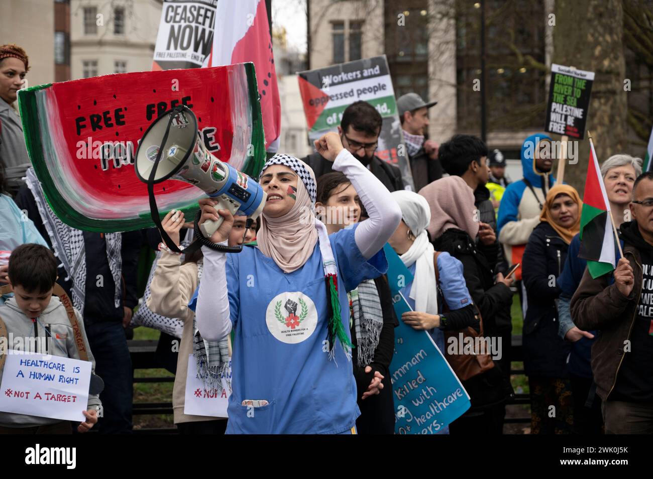 On February 17th 2024 demonstrations were held worldwide demanding a ceasefire in Gaza. Health workers. Stock Photo