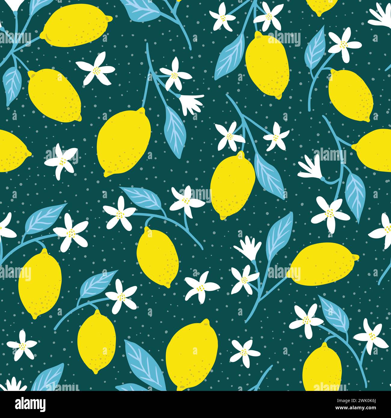 Seamless vector pattern with bright yellow lemons and white flowers on dark teal, textile wrapping. Vector illustration Stock Vector