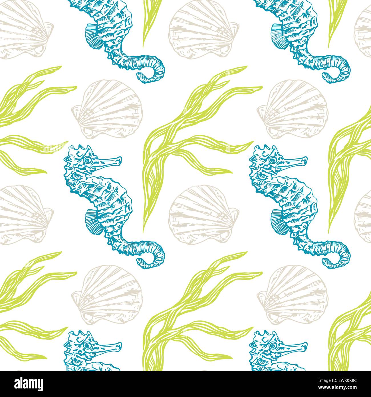 Marine pattern with sea horse, seamless. Graphic. Shell, algae. Vector ...