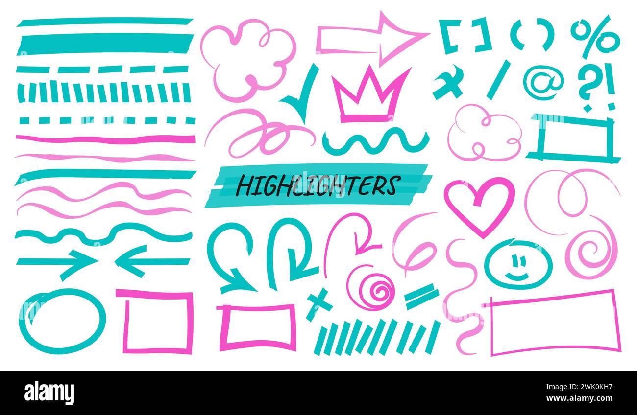 Multicolored highlight brush strokes and underlines. isolated elements. Stock Vector