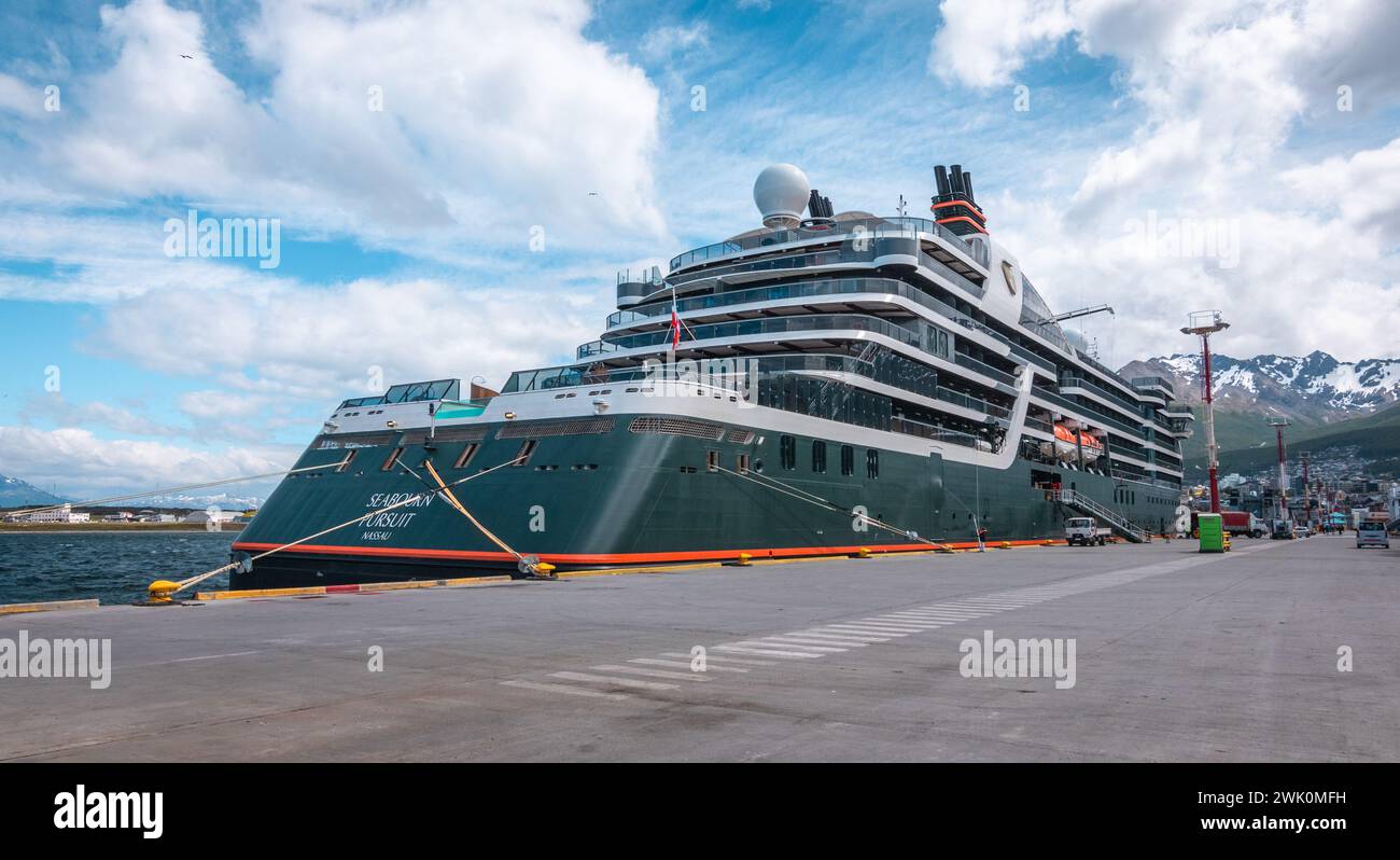 Ushuaia, Argentina - January 7, 2024: Expedition cruise ship Seabourn Pursuit in port of Ushuaia. Stock Photo