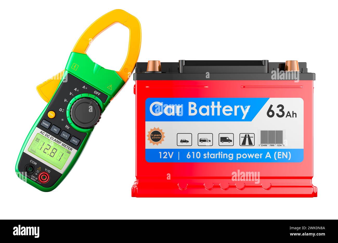 Car Battery with Digital Clamp Meter Multimeter, 3D rendering isolated on white background Stock Photo
