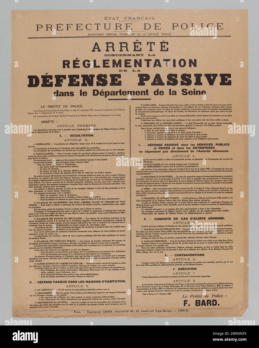 Imprimerie Chaix, French State/ Police Prefecture/ Permanent General Secretariat of the Passive Defense/ Stop/ Regarding the/ Passive Defense/ Defense (Registered title (Letter)), 1941. Typography. Carnavalet museum, history of Paris. Stock Photo
