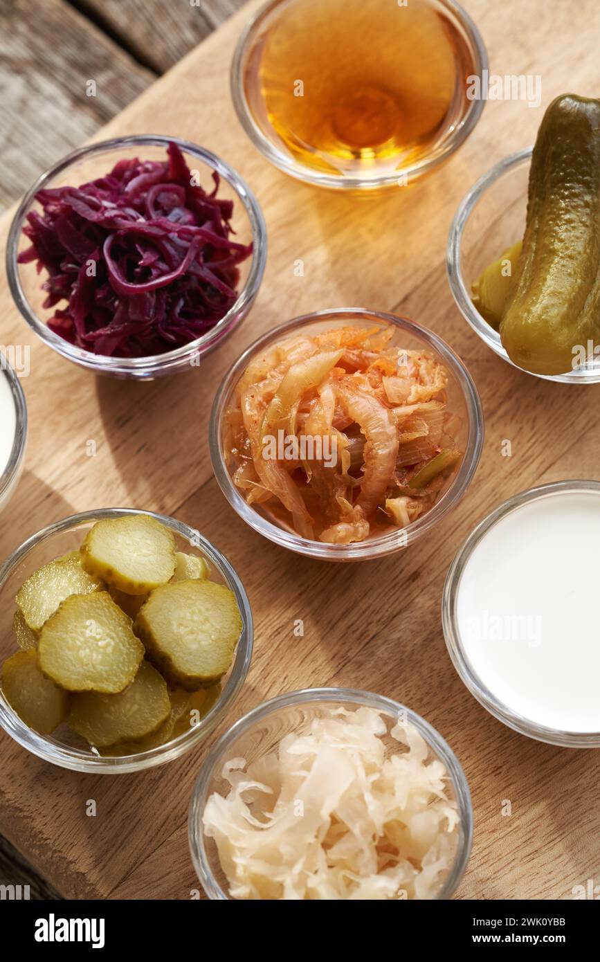 Fermented foods and vegetables kimchi, white and purple sauerkraut