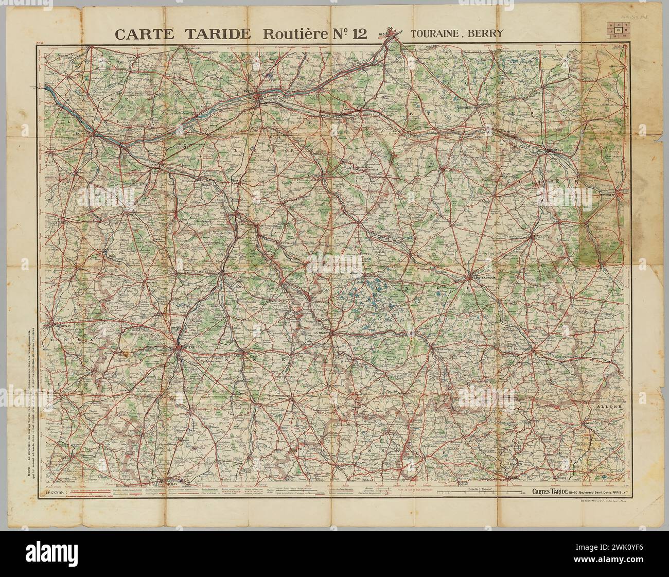 Monrocq (Imprimerie) (n. - D.), Road tarid n ° 12 Touraine, Berry 1: 250,000.e (title registered (letter)), 1920. Printed paper. Museum of the Liberation of Paris - General Leclerc Museum - Jean Moulin Museum. Stock Photo