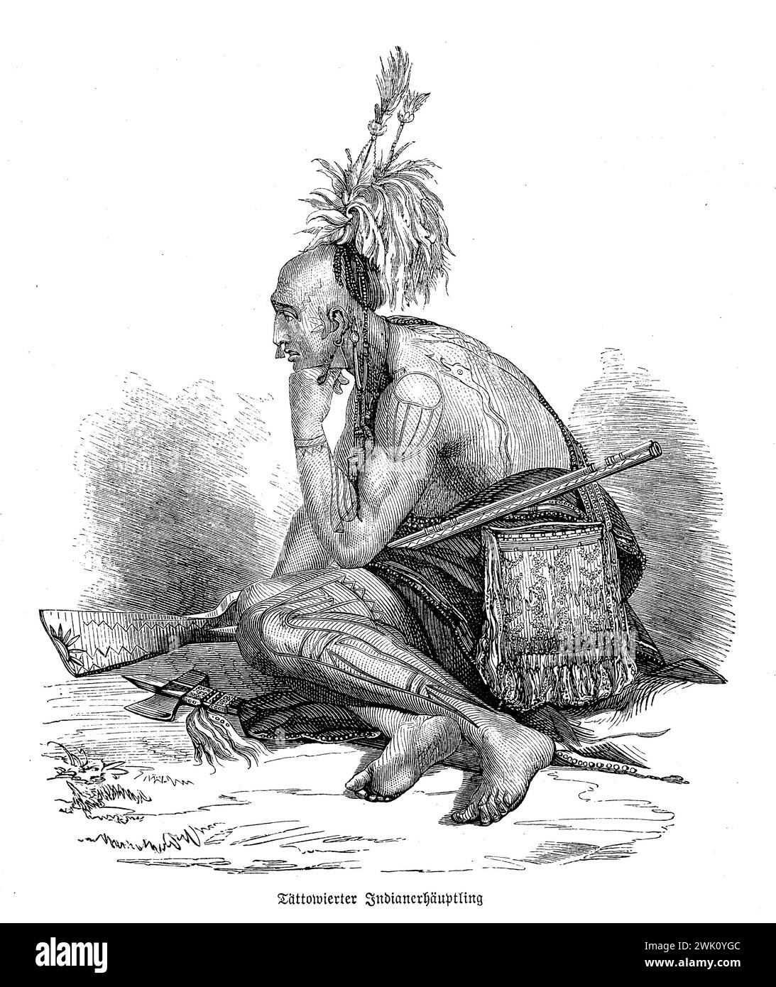 Tattoed redskin chief North America native with gun and headdressing, 19th century illustration Stock Photo