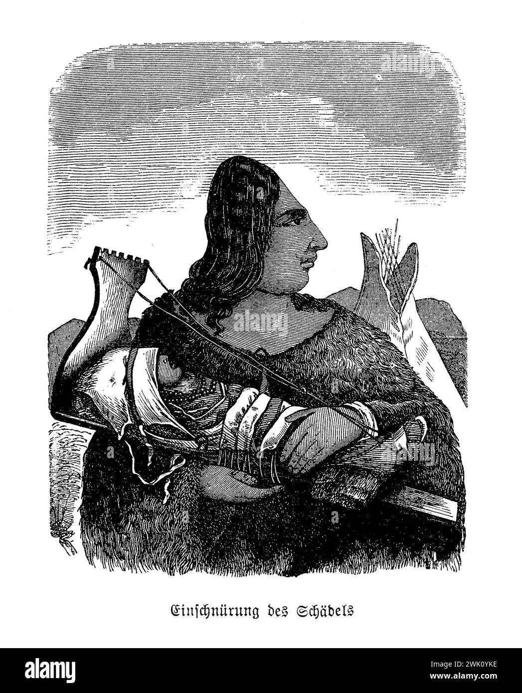 Head binding practice by a native American woman of the Chinookan tribe, the child head was bound between wooden boards, 19th century illustration Stock Photo