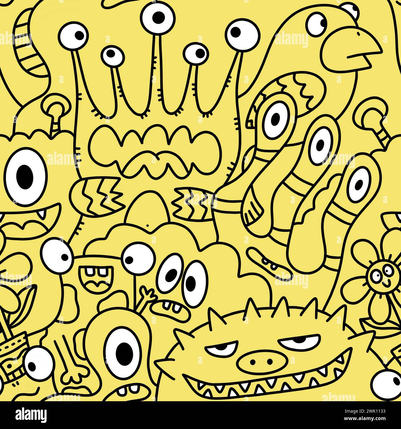 Cartoon monsters seamless funny aliens and rabbit and cactus and flower ...