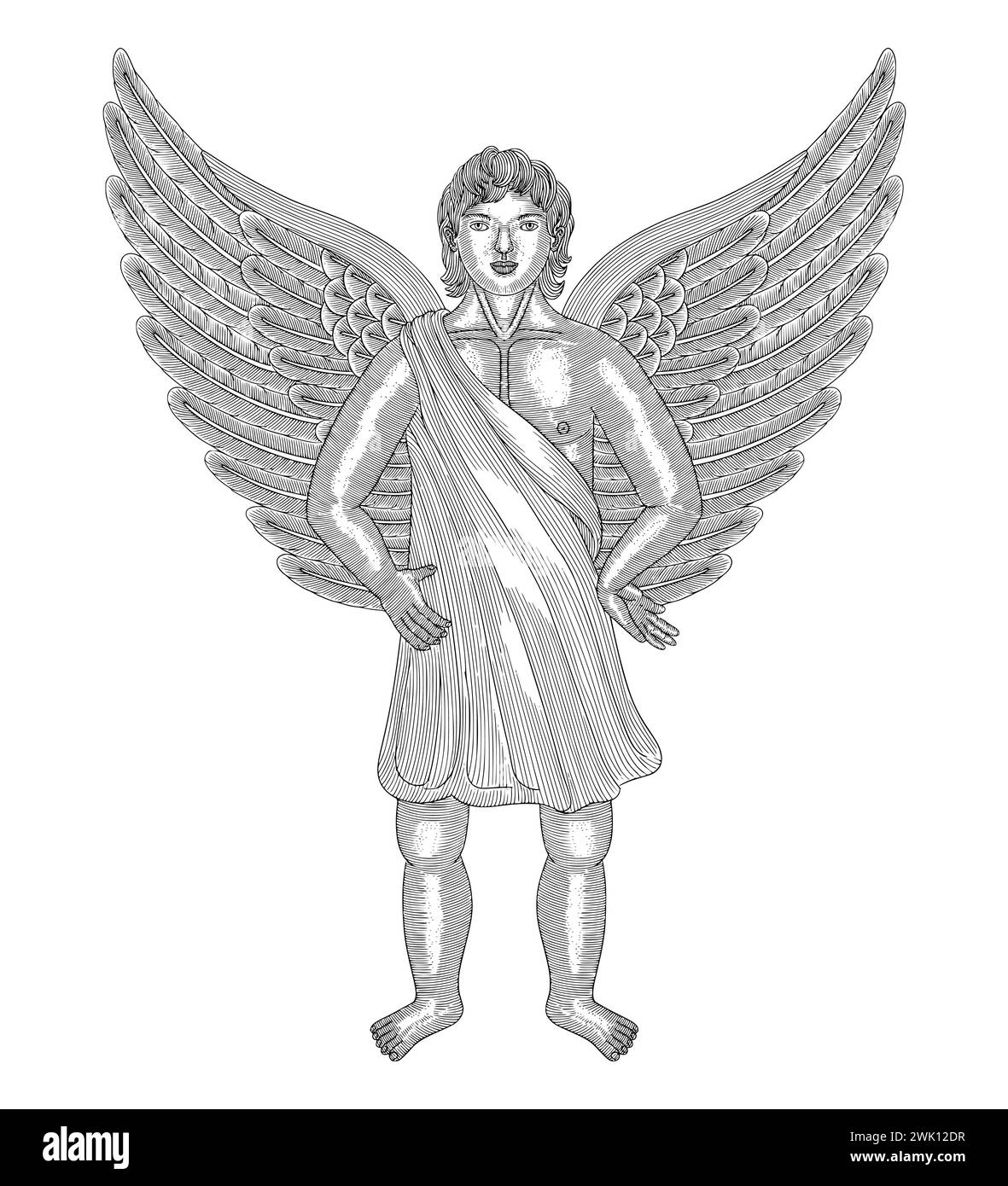 Young angel standing, Vintage engraving drawing style illustration Stock Vector