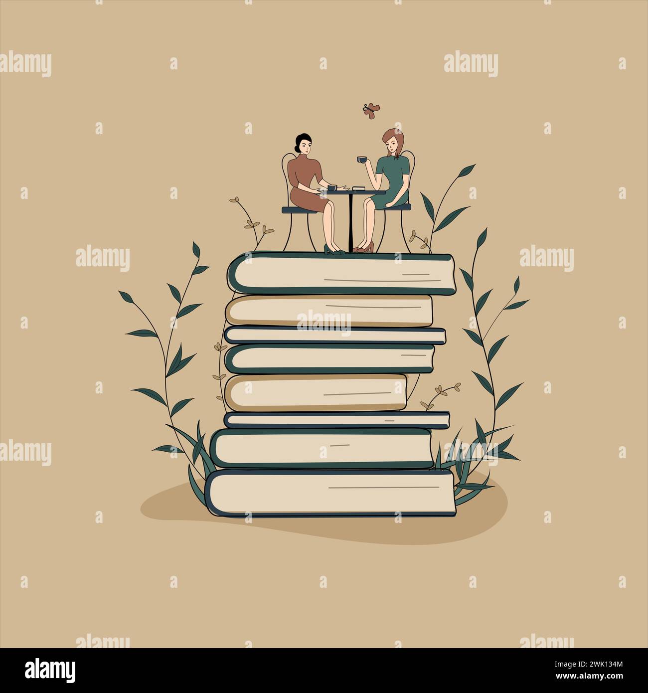 Concept book is source of knowledge.A tiny woman with friend sitting