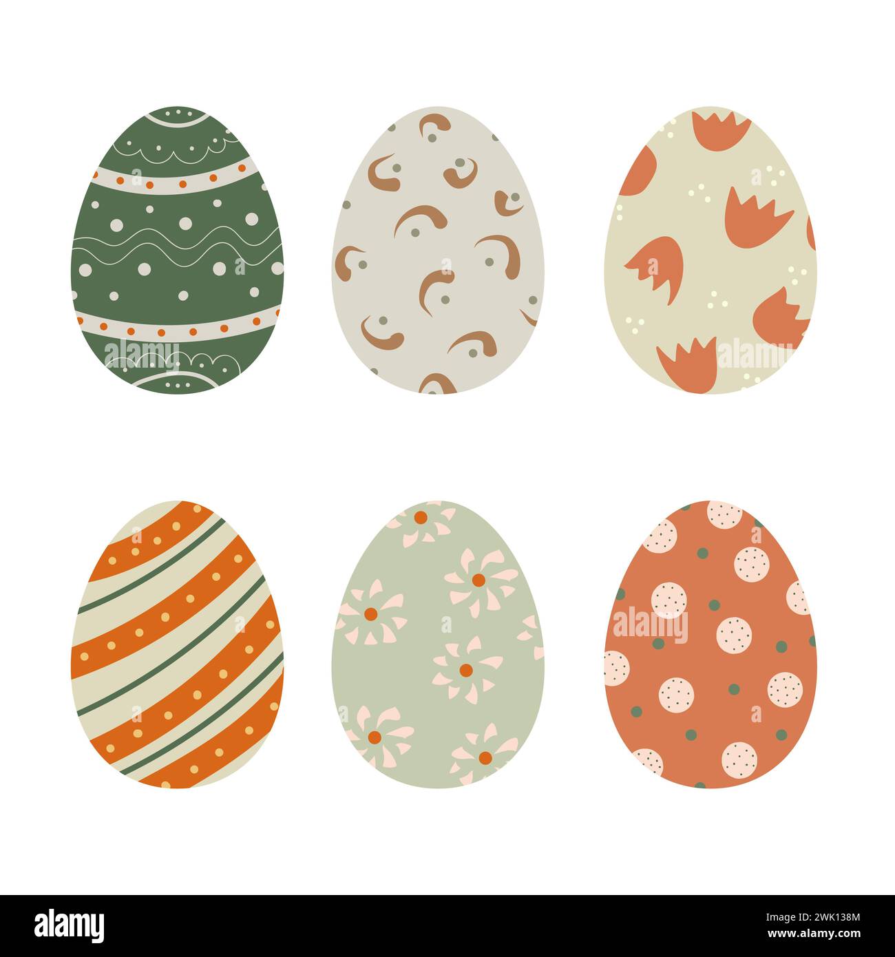 Set of cute decorated Easter eggs isolated on white background. Collection of symbols of religious holiday covered with different patterns - dots Stock Photo