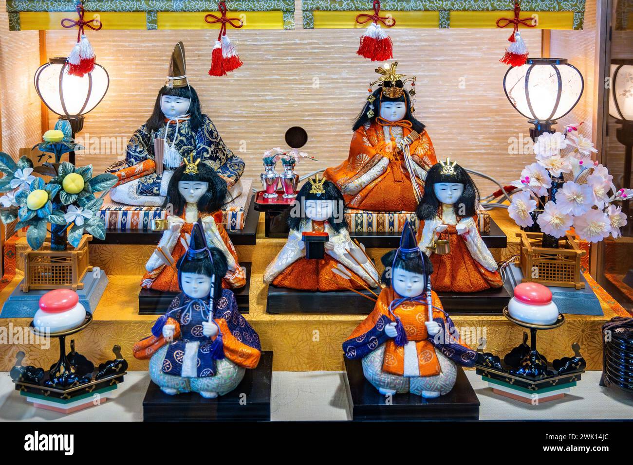 Colorful traditional dolls are in display to celebrate Hina Matsuri (Doll Festival or Girls' Festival) on March 3rd every year. Hokkaido, Japan. Stock Photo
