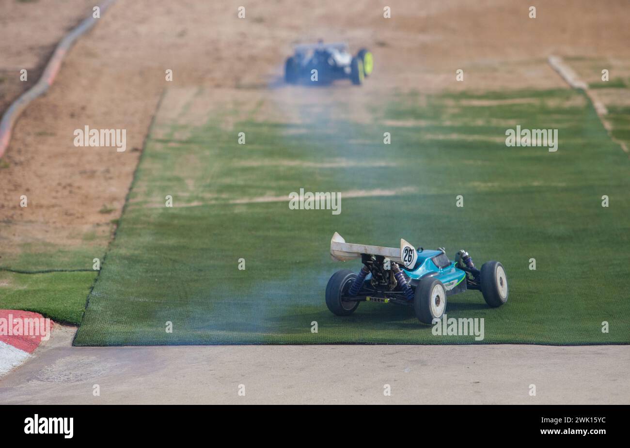 Merida, Spain - Jan 28th, 2024: Extremadura 1/8tt gas Championship RC Car. Cars crossing the finish line Stock Photo