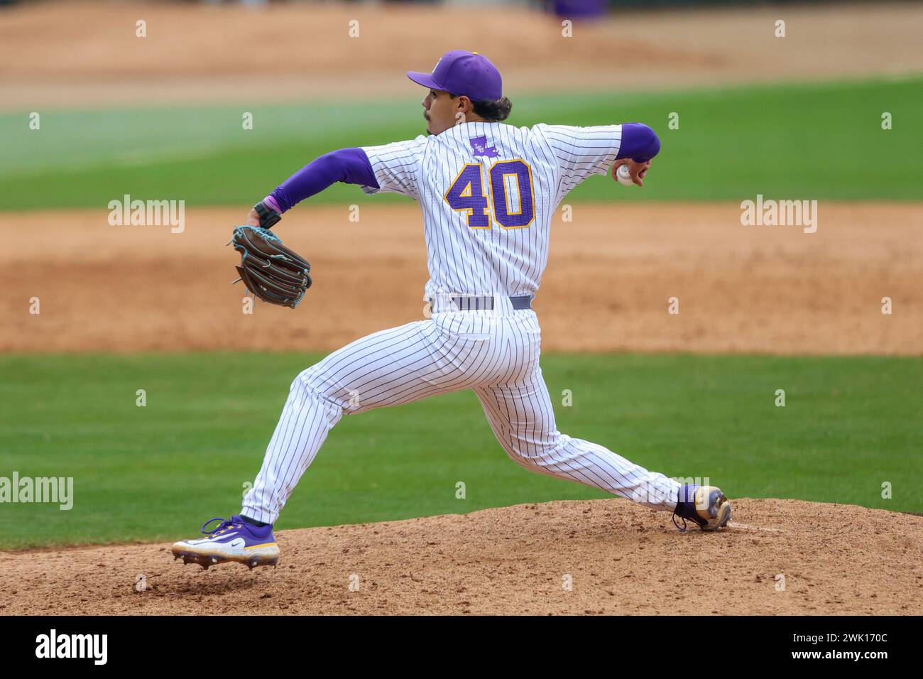 Baton Rouge, LA, USA. 17th Feb, 2024. LSU's pitcher Fidel Ulloa (40