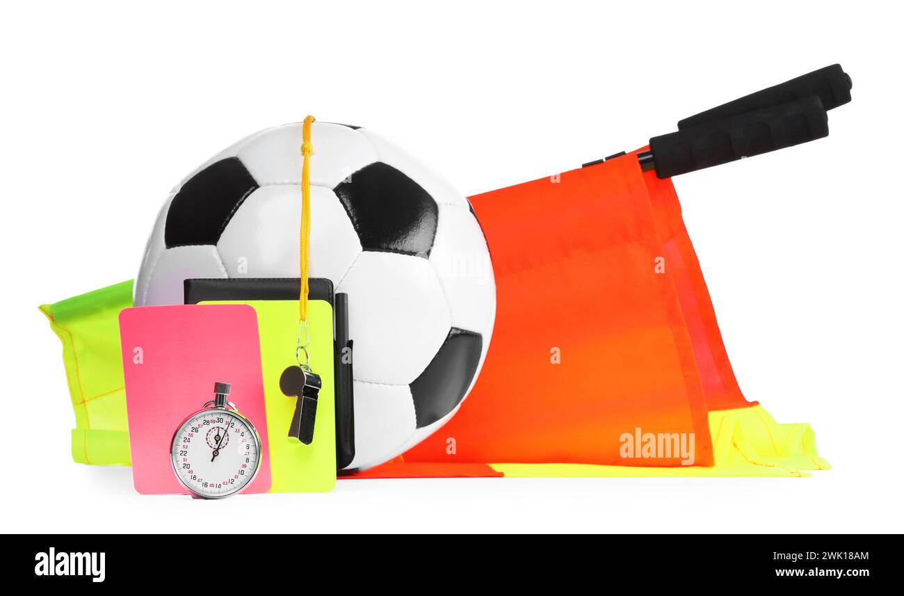Football referee equipment. Soccer ball, flags, stopwatch, cards and whistle isolated on white