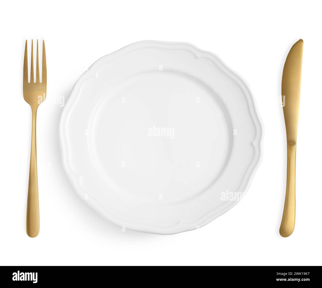 Clean plate, fork and knife on white background, top view Stock Photo ...