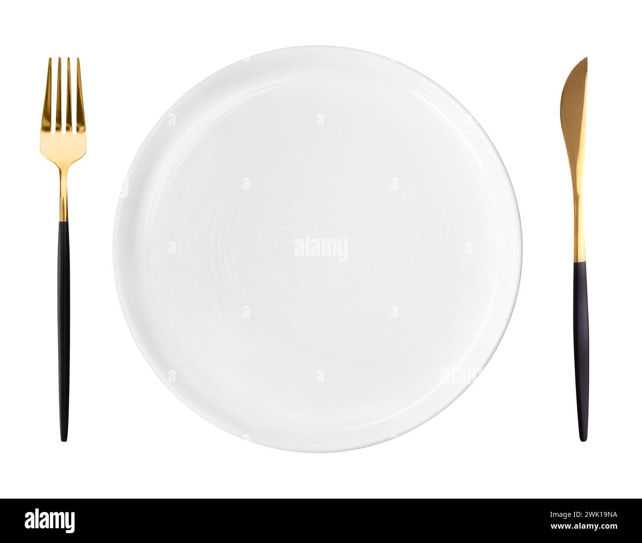 Clean plate, fork and knife on white background, top view Stock Photo ...