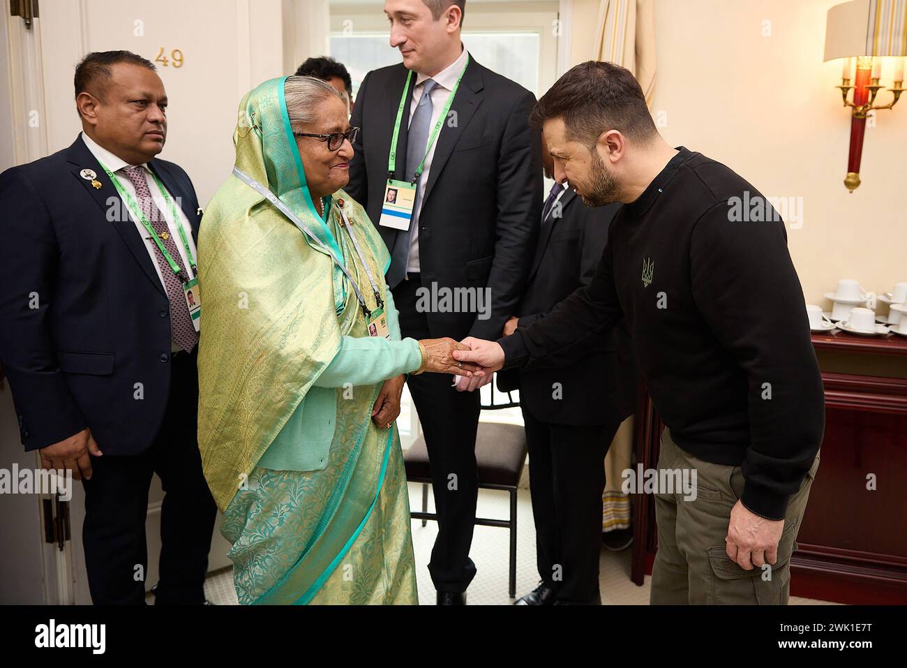 Munich, Germany. 17th Feb, 2024. Ukrainian President Volodymir Zelensky meets with Bangladesh's Prime Minister Sheikh Hasina for bilateral talks at the Munich Security Conference (MSC) in Munich, southern Germany on Saturday, February 17, 2024. 50 heads of state, and government and around 100 ministers are expected to attend the world's most important meeting, of politicians and experts on security policy. Photo by Ukrainian Presidential Press Office/UPI Credit: UPI/Alamy Live News Stock Photo