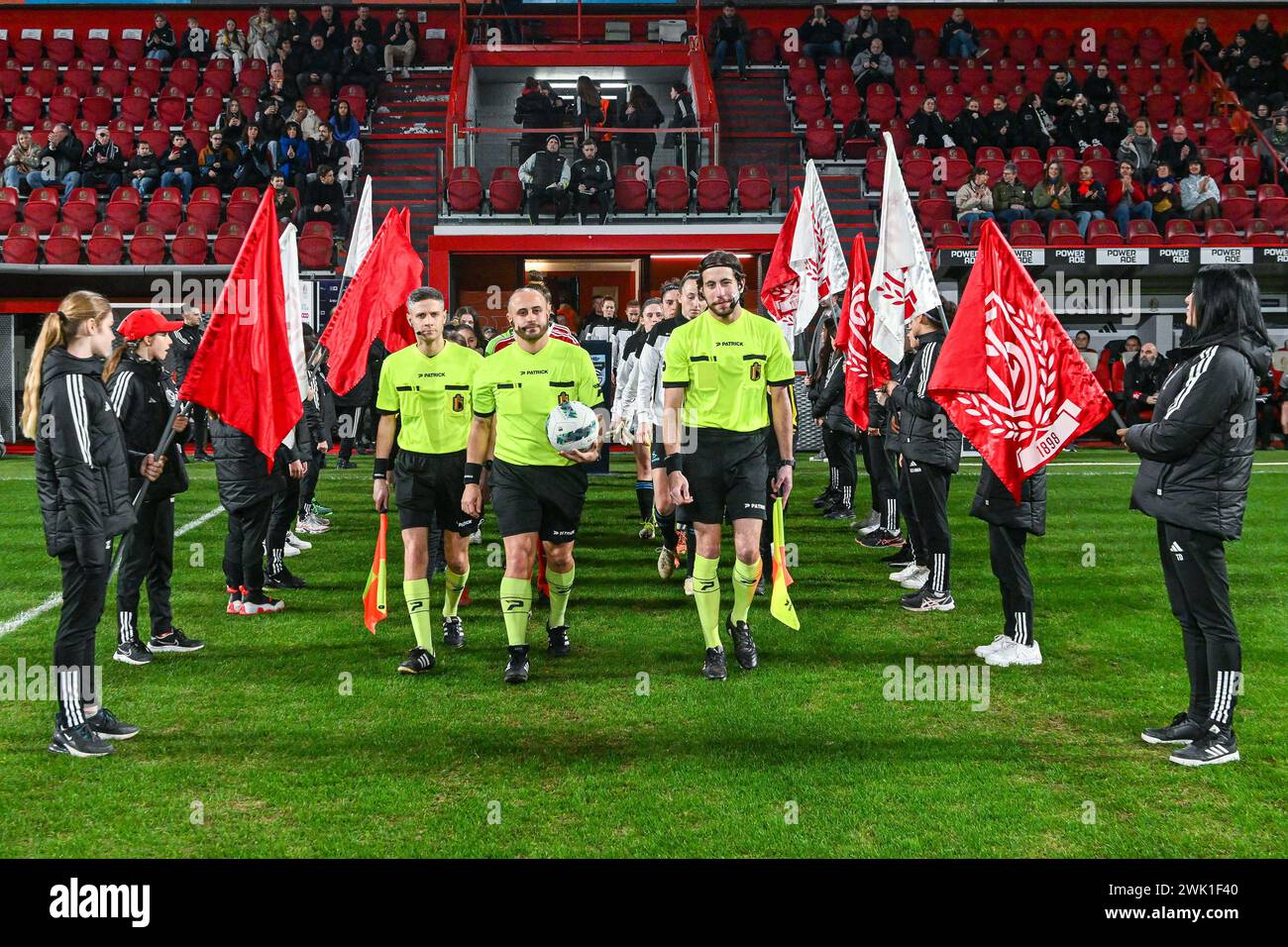 Liege, Belgium. 17th Feb, 2024. Players and referees entering the pitch
