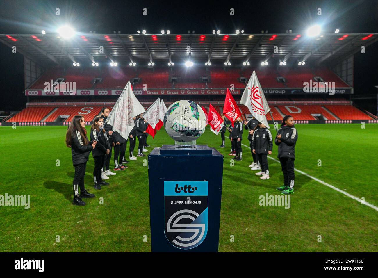 Liege, Belgium. 17th Feb, 2024. Match ball pictured before a female soccer game between Standard