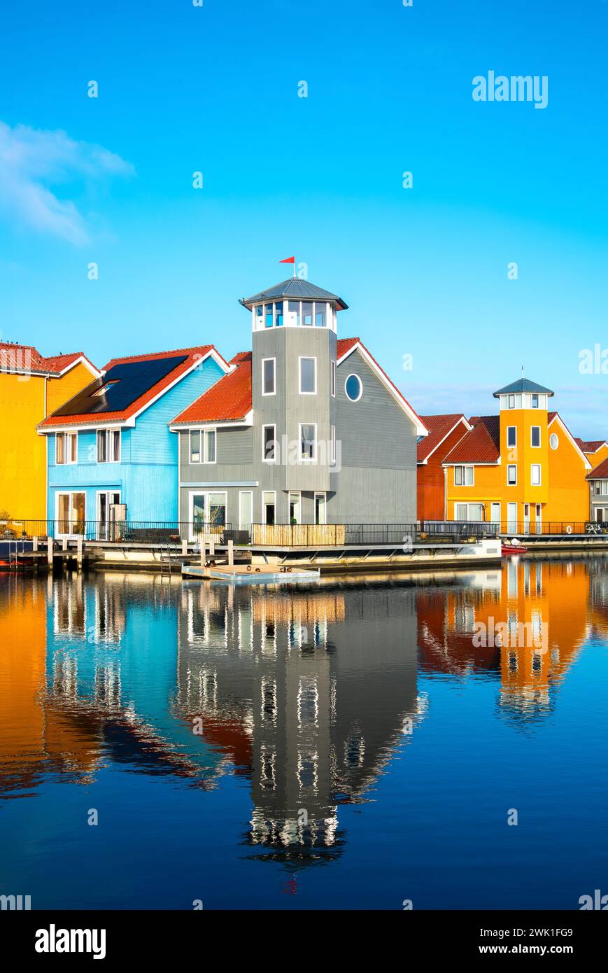 Groningen Reitdiephaven Reitdiep Marina harbor harbour. Colorful colourful waterfront Boardwalk and Pier Houses in Scandinavian style. Stock Photo