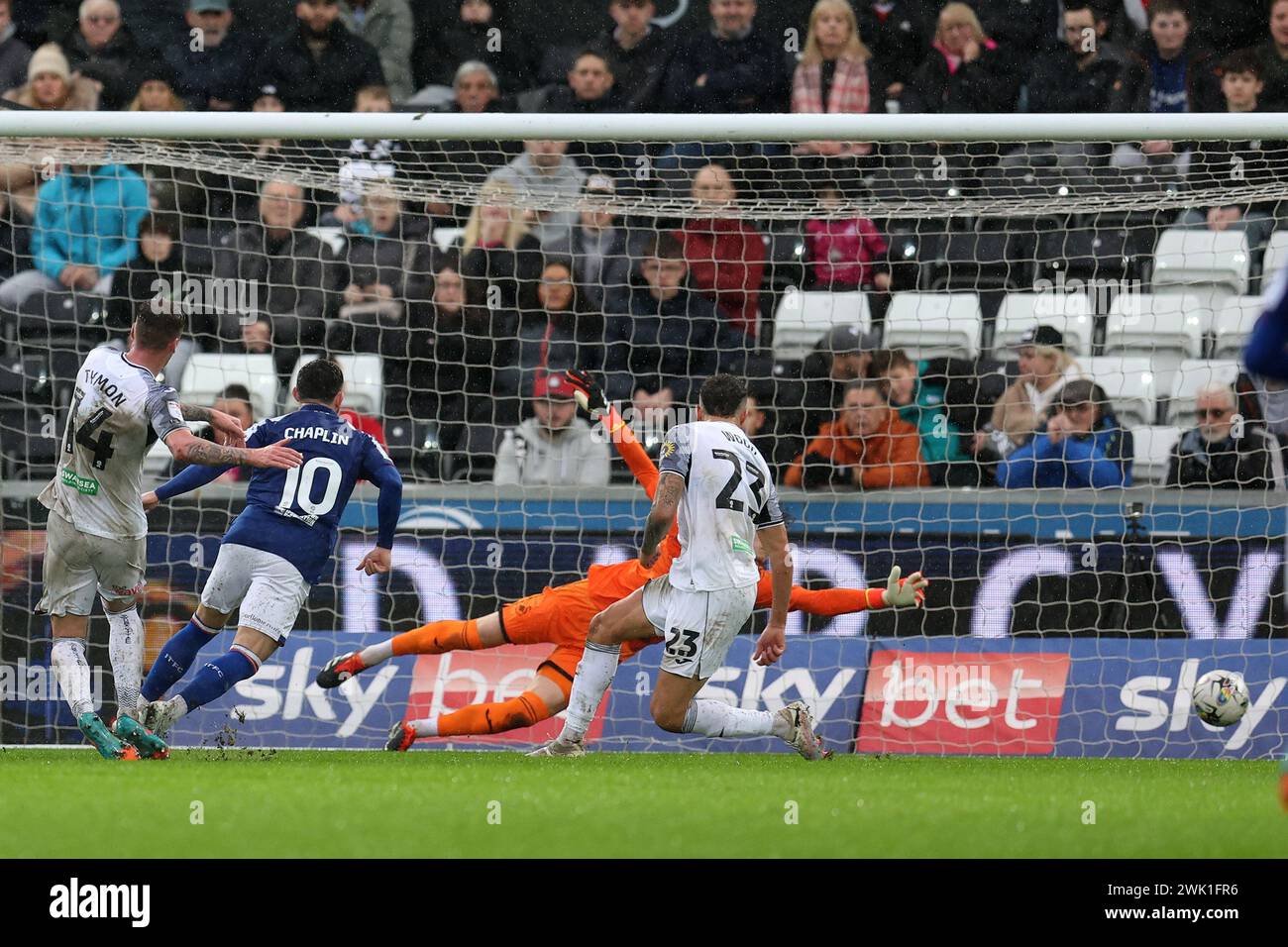 Swansea, UK. 17th Feb, 2024. Conor Chaplin of Ipswich Town (10) scores his teams 2nd goal. EFL Skybet championship match, Swansea city v Ipswich Town at the Swansea.com Stadium in Swansea, Wales on Saturday 17th February 2024. this image may only be used for Editorial purposes. Editorial use only, pic by Andrew Orchard/Andrew Orchard sports photography/Alamy Live news Credit: Andrew Orchard sports photography/Alamy Live News Stock Photo
