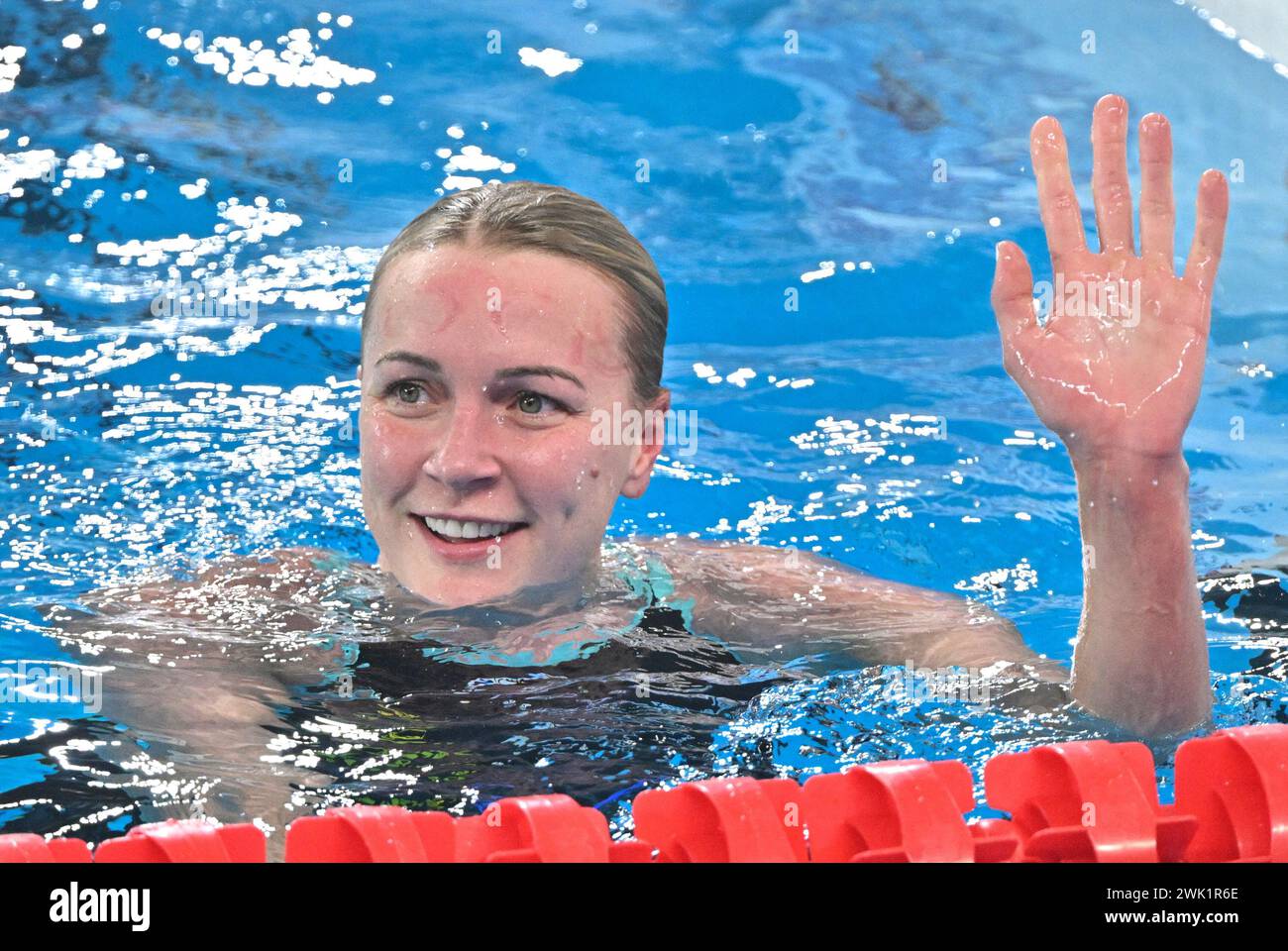 Doha, Qatar. 17th Feb, 2024. Sarah Sjoestroem of Sweden celebrates