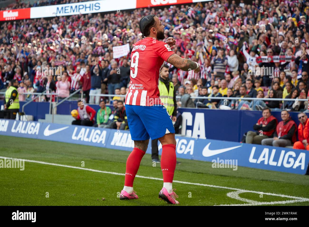 Madrid, Spain. 17th Feb, 2024. Memphis Depay of Atletico de Madrid celebrates his goal during the LaLiga EA Sports football match between Atletico de Madrid and UD Las Palmas at Civitas Metropolitano Stadium. Final score: Atletico de Madrid 5-0 UD Las Palmas. Credit: SOPA Images Limited/Alamy Live News Stock Photo
