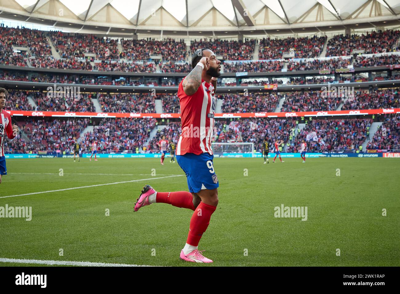 Madrid, Spain. 17th Feb, 2024. Memphis Depay of Atletico de Madrid celebrates his goal during the LaLiga EA Sports football match between Atletico de Madrid and UD Las Palmas at Civitas Metropolitano Stadium. Final score: Atletico de Madrid 5-0 UD Las Palmas. Credit: SOPA Images Limited/Alamy Live News Stock Photo