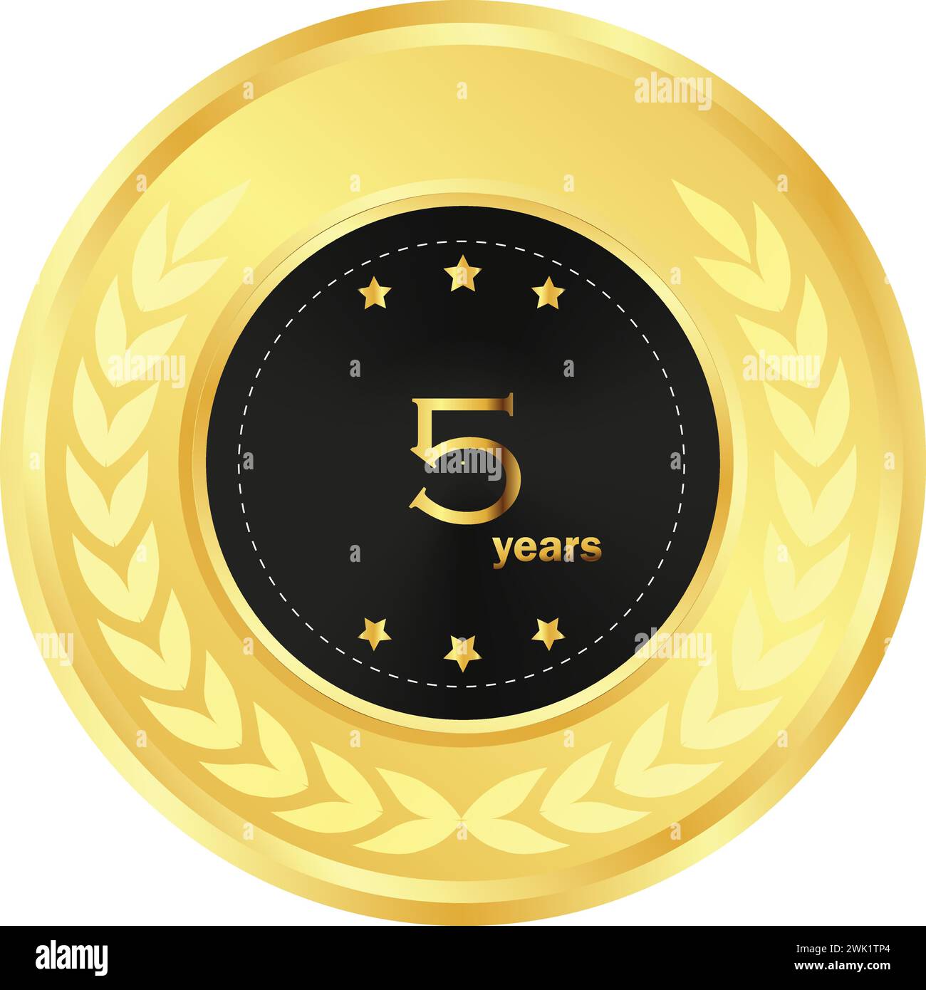 5th anniversary in gold and Black, anniversary gift, five Year Anniversary Celebrating, Golden seal, golden ring, birthday celebration Stock Vector