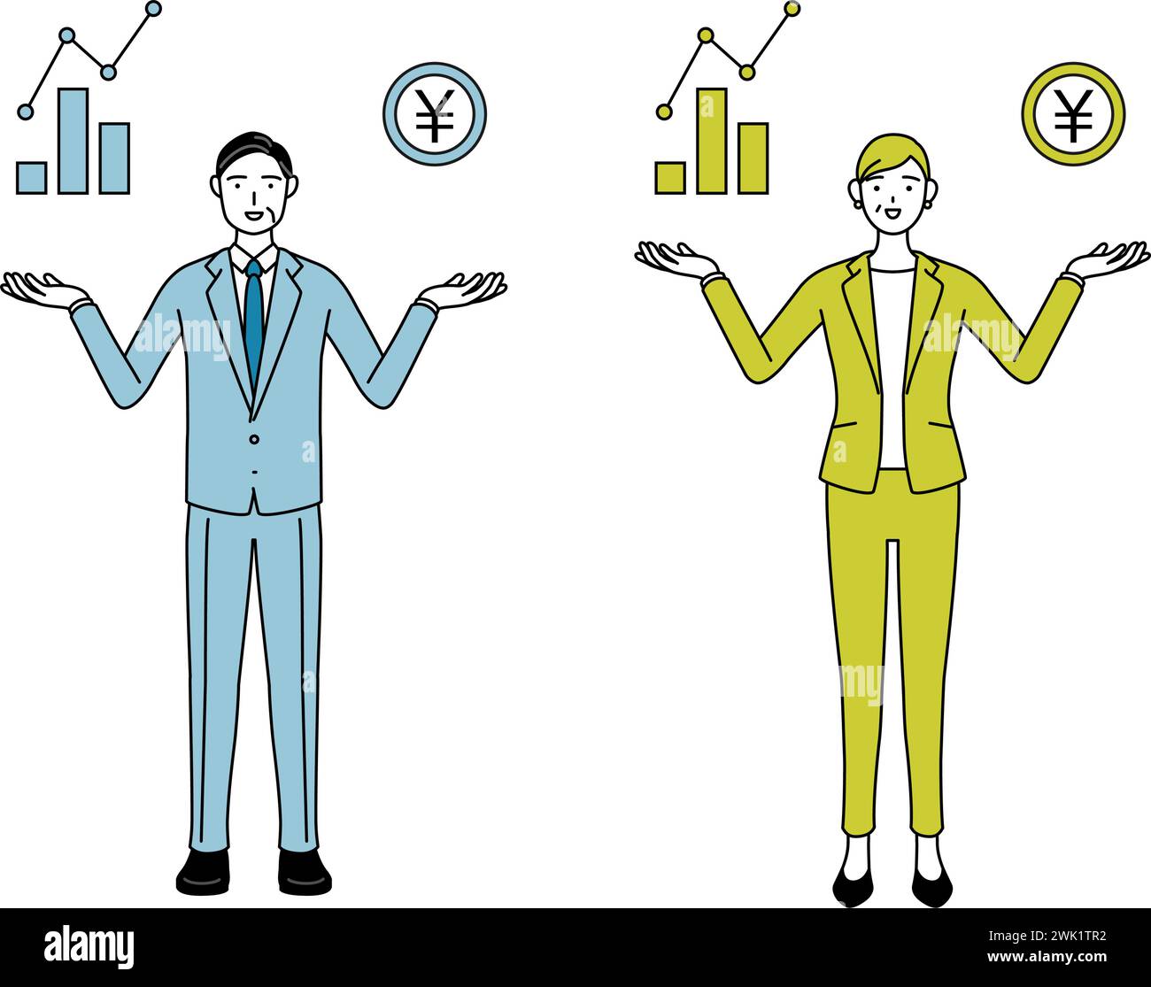 Simple line drawing illustration of businessman and businesswoman 
