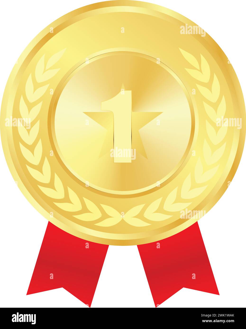 Realistic Gold Medal with red ribbon Vector, 1st Golden Award, 1st